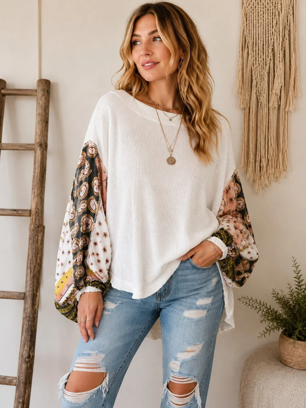 We The Free White Waffle Boho Style Knit Top with Patterned Balloon Sleeves